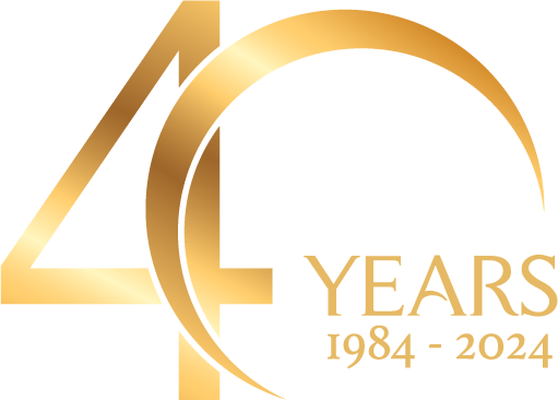 Gold writing of forty years logo.