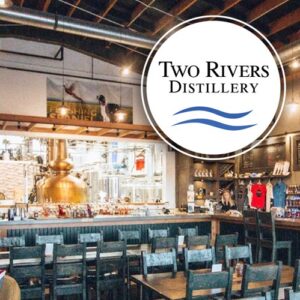 Two Rivers Distillery logo and a look at their bar set up.