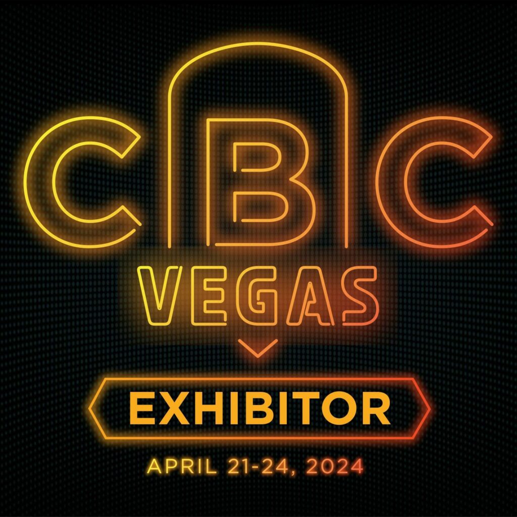 CBC Vegas Exhibitor logo in neon orange and yellow lights.