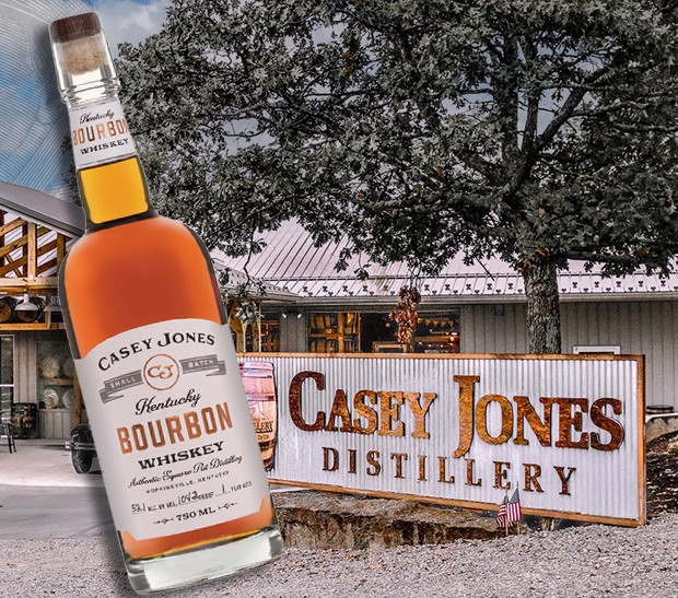 Casey Jones Distillery sign sits out front of their building.