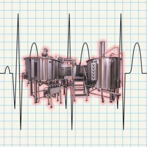 A heart beat on graph paper with a complete brewery system set up over lapping the heart beat.