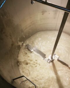 A brewing tank filled with mash mixing with rakes.