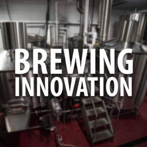 White letters read " Brewing Innovation" in the background a brewing system.