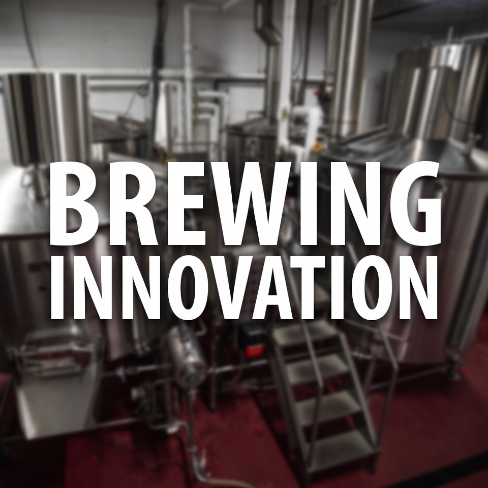 White letters read " Brewing Innovation" in the background a brewing system.