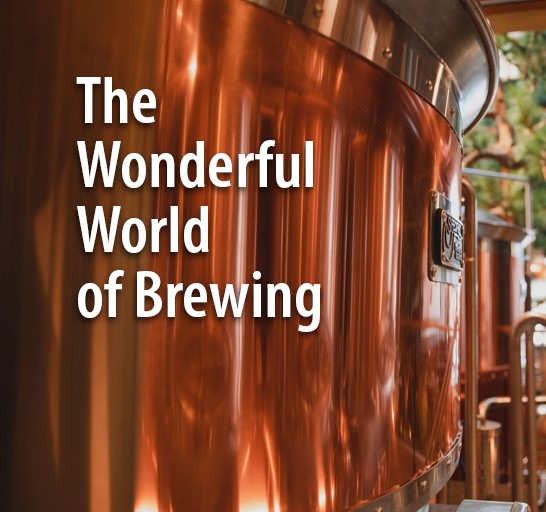 A close up of a copper distillery tank and the words "The Wonderful World of Brewing" in white letters overlaps the tank.