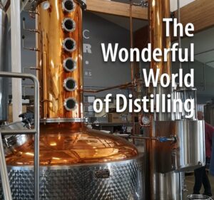 A copper distillery tank and column with "The Wonderful World of Distilling" wrote in white letters overlaps.