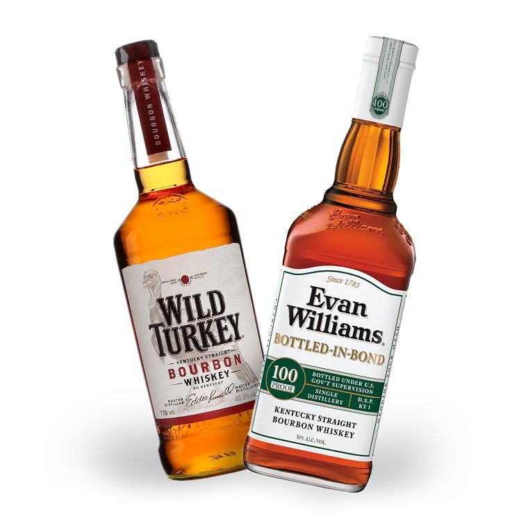 A bottle of Wild Turkey Bourbon Whiskey, and a bottle of Evan Williams Kentucky Straight.