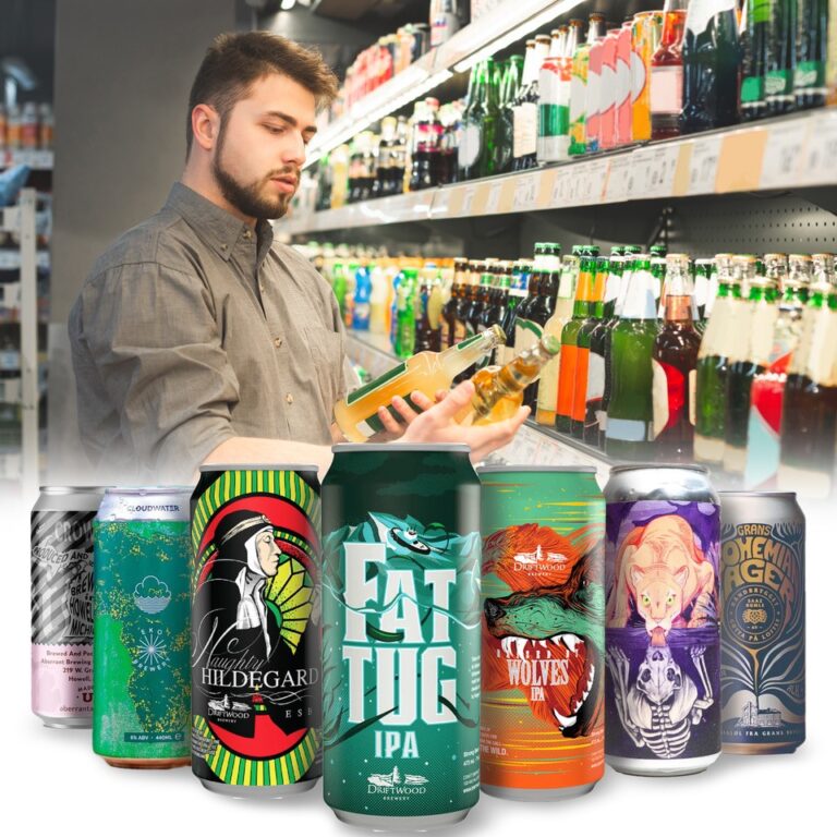 A man stands comparing two bottles of liquor in front of shelves with other bottles.