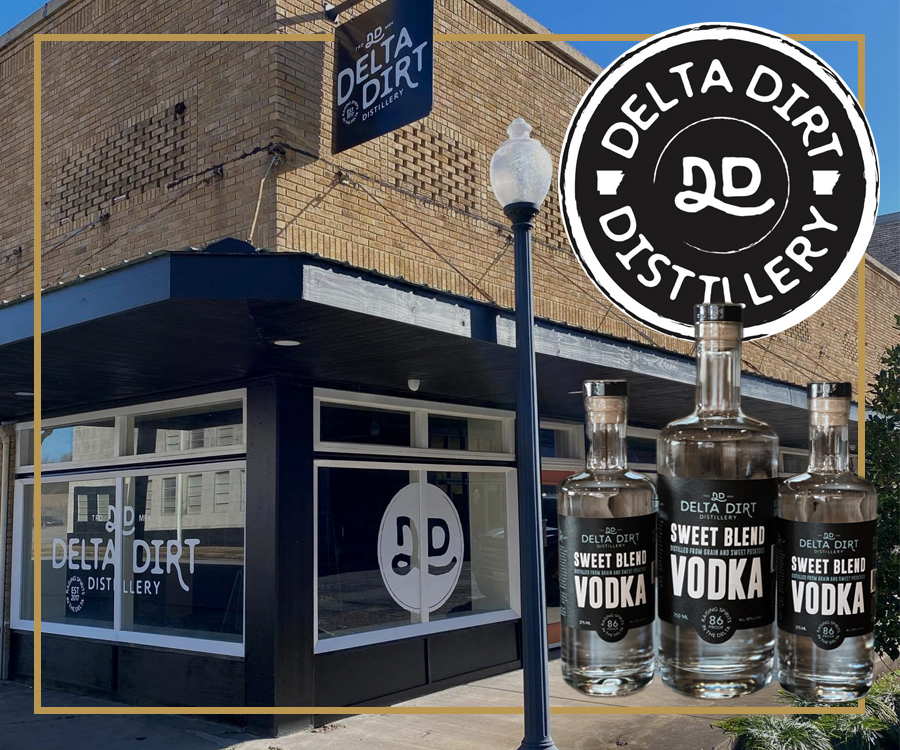 Delta Dirt Distillery logo and building.