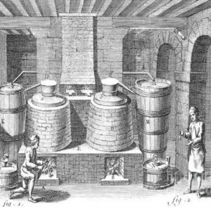 An ancient drawing of a old brewery system with a woman poking the fire underneath the tanks.