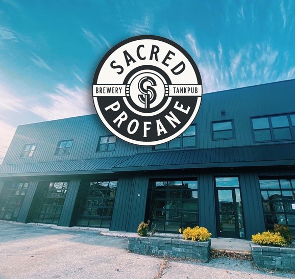 Sacred Profane Brewery logo and building.
