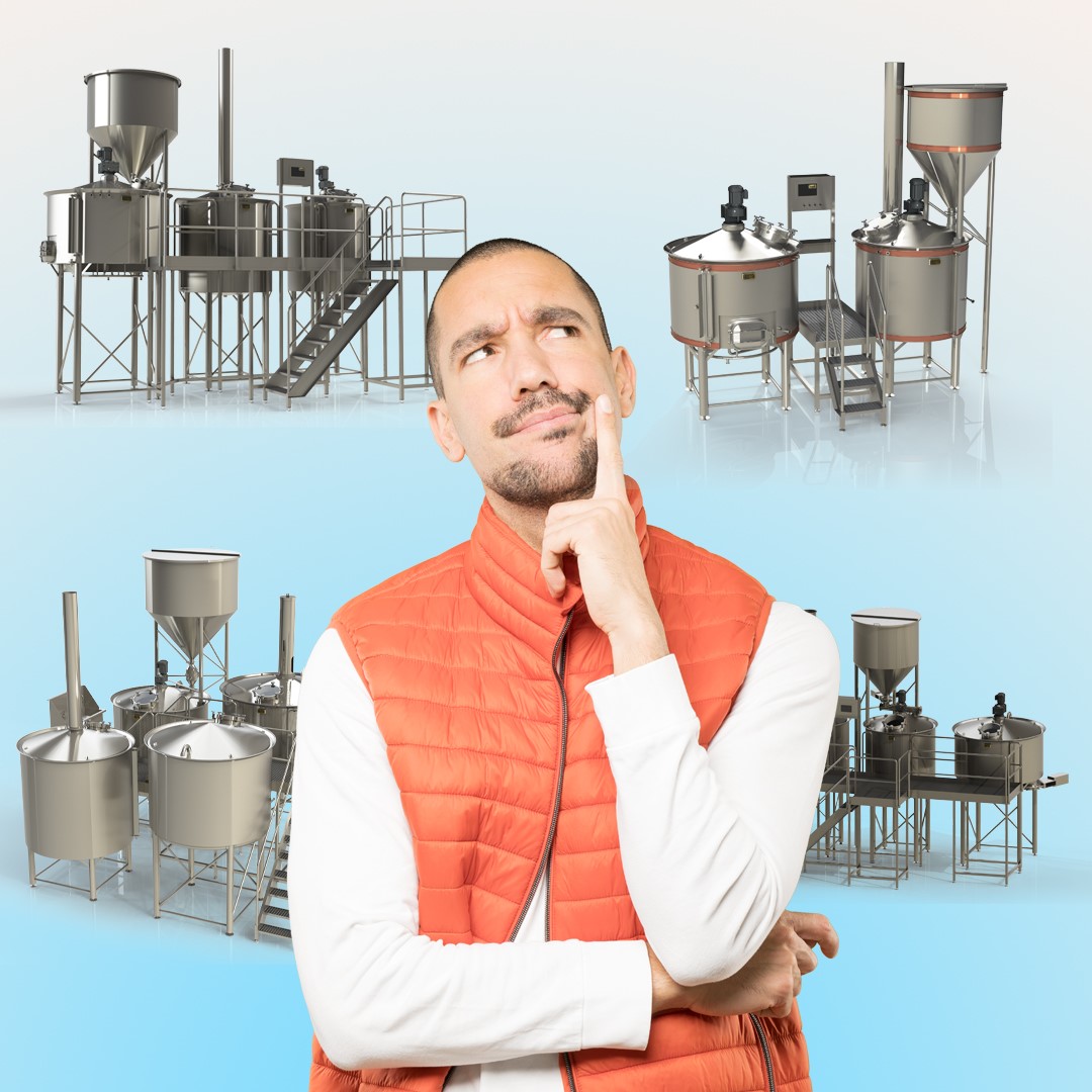 A man stands looking up thinking with four different brew vessel setups to choose from.