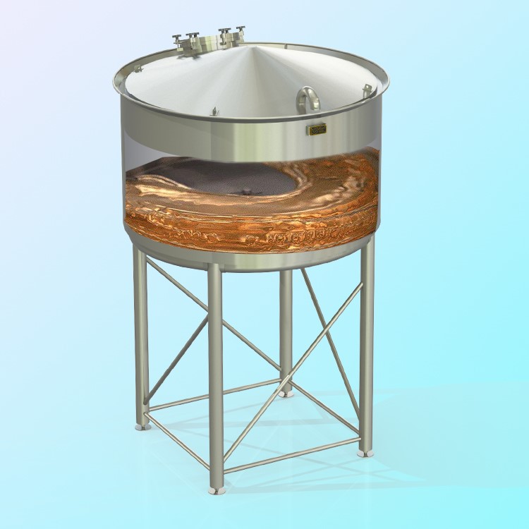 A drawing of a whirlpool vessel in the brewing process, you can see the liquid mixing through the open sides.